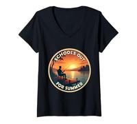 Mujer La escuela está fuera de verano Maestro Estudiante Fisher Pesca Pescado Camiseta Cuello V