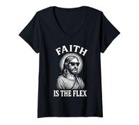 Mujer La fe es la flexión Cool Jesús Funny Christian Camiseta Cuello V