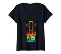 Mujer La fe renueva lo Que el Miedo destruye | Christian Inspirational Camiseta Cuello V
