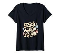 Mujer La fe se Completa en acción Santiago 2:22 Camiseta Cuello V