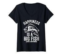 Mujer La felicidad es un pez grande y un testigo broma divertida de pesca Camiseta Cuello V