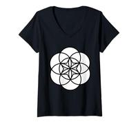 Mujer La geometría Sagrada Blanca da Forma a la Flor de la Vida en Blanco y Negro Camiseta Cuello V