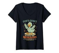 Mujer La Gracia de Dios me Mantiene cuestionando Pato Cristiano Camiseta Cuello V