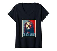 Mujer La Gracia GANA a Jesucristo Cristiano Pascua Fe Esperanza Camiseta Cuello V