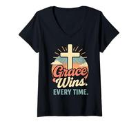 Mujer La gracia gana cada vez que una cruz cristiana nace de nuevo en Jesús Camiseta Cuello V