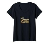 Mujer La Gracia lo Cambia Todo Diseño Cristiano Inspirador Camiseta Cuello V