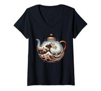 Mujer La gran ola de té amante del arte japonés Japón Artístico Camiseta Cuello V