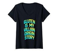 Mujer La Historia del Origen del Gluten es mi Villano, Divertida Ropa de Humor para celíacos Camiseta Cuello V
