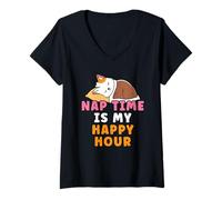 Mujer La Hora de la Siesta es mi Hora Feliz Lindo Dibujos Animados Gato Perezoso Siesta Camiseta Cuello V
