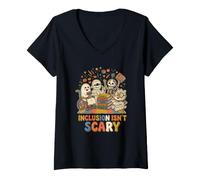 Mujer La inclusión no da Miedo Halloween Maestro Monstruo Fantasma Autismo Camiseta Cuello V