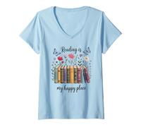 Mujer La Lectura Floral para Amantes de los Libros es mi Lugar Feliz Camiseta Cuello V