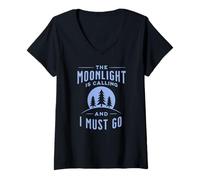 Mujer La luz de la Luna Llama a la Luna Llena Senderismo Camping Camiseta Cuello V