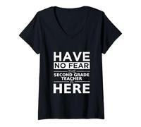Mujer La Maestra de Segundo Grado de Have No Fear está aquí, Divertida Obra de Regalo Camiseta Cuello V