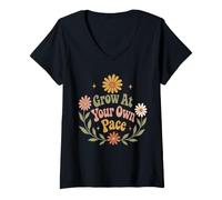Mujer La motivación Floral del Crecimiento Personal Crece a tu Propio Ritmo Camiseta Cuello V