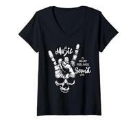 Mujer La música es lo Que los Sentimientos suenan como una Mano de Calavera de Camiseta Cuello V