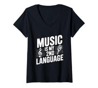 Mujer La música es mi Segundo Idioma Divertido para los músicos Camiseta Cuello V