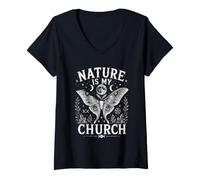 Mujer La Naturaleza es mi Iglesia, Polilla de la Luna, brujería, Bruja wiccana Camiseta Cuello V