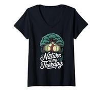 Mujer La Naturaleza es mi Terapia Bosque Senderismo Camping Aventura Camiseta Cuello V