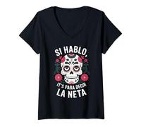 Mujer La Neta Calavera de Azúcar Mexicano Dia De Los Muertos Camiseta Cuello V