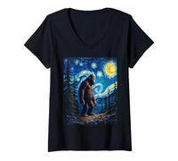 Mujer La noche estrellada de Van Gogh Bigfoot Sasquatch Forest Art Camiseta Cuello V