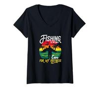Mujer La Pesca es Solo Cura para mi Angustia Puesta del Sol Retro Angler Camiseta Cuello V