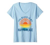 Mujer La playa es mi lugar feliz Crucero Vacaciones familiares de verano Camiseta Cuello V