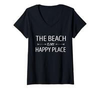 Mujer La playa es mi lugar feliz Crucero Vacaciones familiares de verano Camiseta Cuello V