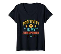 Mujer La positividad es mi Superpoder, Retro, Cara Feliz, Vibraciones positivas Camiseta Cuello V