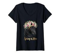 Mujer La Primavera está aquí Retrato Floral de Caballo Obra de Arte Occidental Camiseta Cuello V