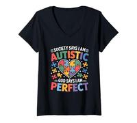 Mujer La sociedad dice que soy autista Dios dice que soy perfecto Autismo A Camiseta Cuello V
