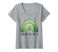 Mujer La Suerte de ser Maestra: Día de San Patricio, Shamrock Rainbow Camiseta Cuello V