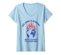 Mujer La Tierra está ardiendo Gráfico ambiental Cambio Climático Camiseta Cuello V