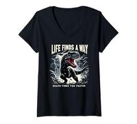 Mujer La vida encuentra un camino, la muerte te encuentra más rápido, juego de palabras con dinosaurios T-Rex Camiseta Cuello V