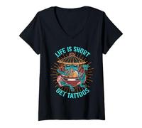 Mujer La vida es corta Hazte tatuajes, rana Camiseta Cuello V