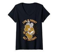 Mujer La vida es corta Hazte tatuajes, serpiente Camiseta Cuello V