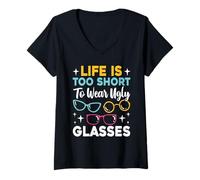 Mujer La Vida es Demasiado Corta para Usar Gafas feas Óptica de Ojos Divertida Camiseta Cuello V