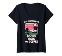 Mujer La Vida es Mejor con Libros y Gatos Leyendo Cat Cafe Library Camiseta Cuello V