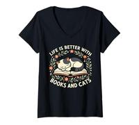 Mujer La Vida es Mejor con Libros y Gatos Leyendo Cat Cafe Library Camiseta Cuello V
