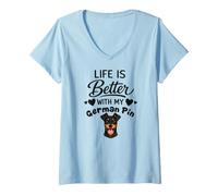 Mujer La Vida Es Mejor con Mi Perro Pinscher Alemán Pin Alemán Camiseta Cuello V