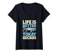 Mujer La Vida es Mejor con Tokay Geckos - Gecko Amante de los Reptiles Camiseta Cuello V