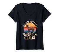 Mujer La Vida es Mejor con un Atardecer Retro de Caballo Morgan Camiseta Cuello V