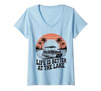 Mujer La vida es mejor en el lago Vintage Pontoon Boat Camiseta Cuello V