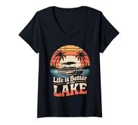Mujer La vida es mejor en el lago Vintage Pontoon Boat Camiseta Cuello V
