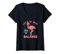 Mujer La Vida se Trata de Equilibrio con Escamas de Flamenco Rosa Camiseta Cuello V