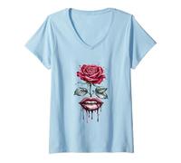Mujer Labios de rosas rojas por goteo de flores alternativas para mujeres y niñas Camiseta Cuello V