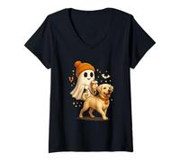 Mujer Labrador Retriever Halloween Ghost Walking Labrador Dog Camiseta Cuello V