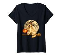 Mujer Labrador Retriever Lab Sombrero de Bruja Jack O Lantern Escoba Camiseta Cuello V