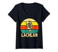 Mujer Lachlan - Micrófono Retro con Nombre, música Divertida de los años 80, Estilo Vintage Camiseta Cuello V