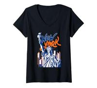 Mujer Lady Liberty New York Skyline Colorful NY Turismo Camiseta Cuello V