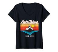 Mujer Lago Tahoe Montaña Río Retro Atardecer USA Lake Tahoe Camiseta Cuello V